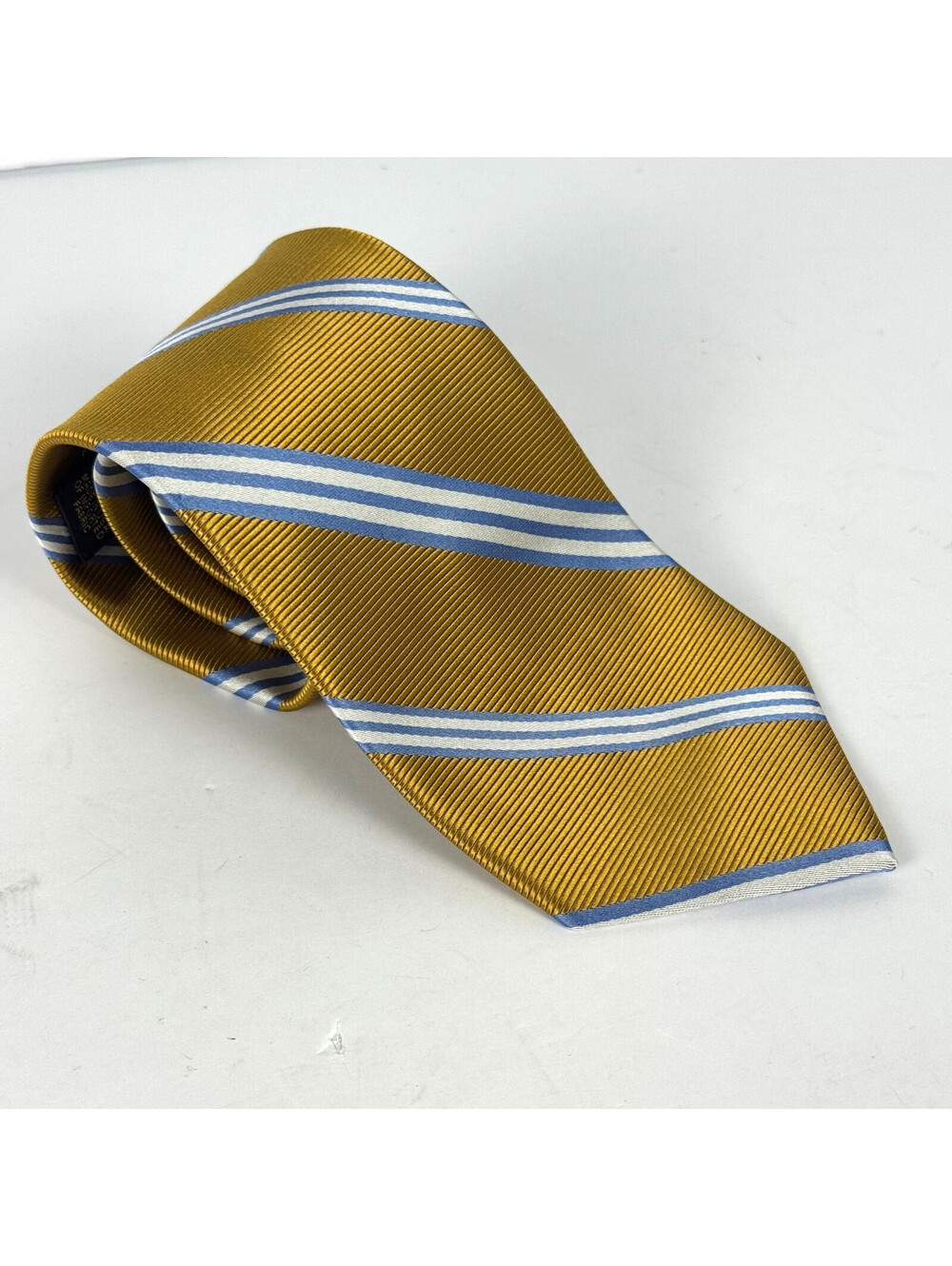 Brooks BRothers 346 Gold Blue White Striped Woven Pure Silk Dress Neck Tie
